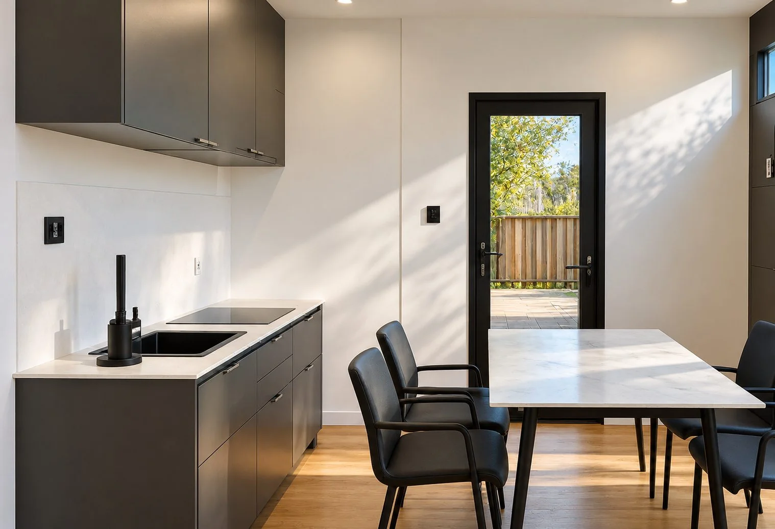 AIIA Open, 26 m² tiny house: kitchen and dining area, 3D render