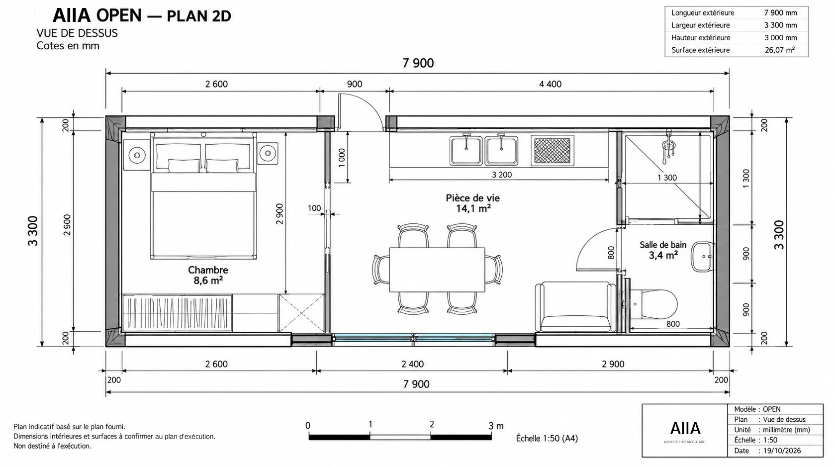 AIIA Open, 26 m² tiny house: dimensioned 2D plan with floor areas