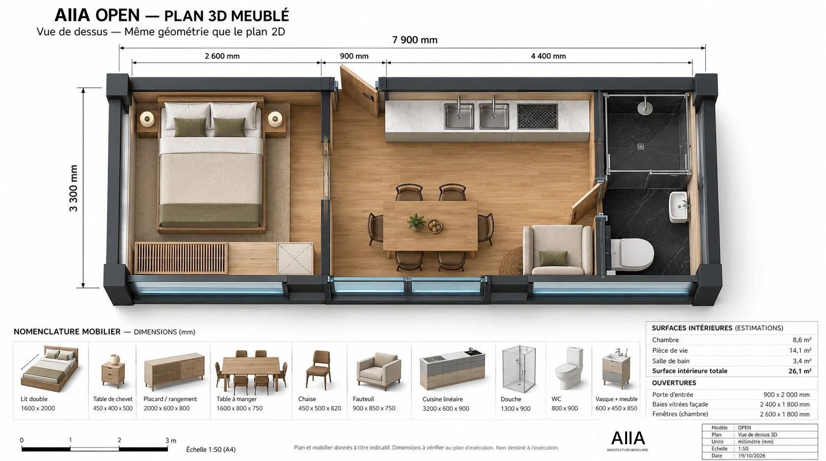AIIA Open, 26 m² tiny house: furnished 3D plan, top view