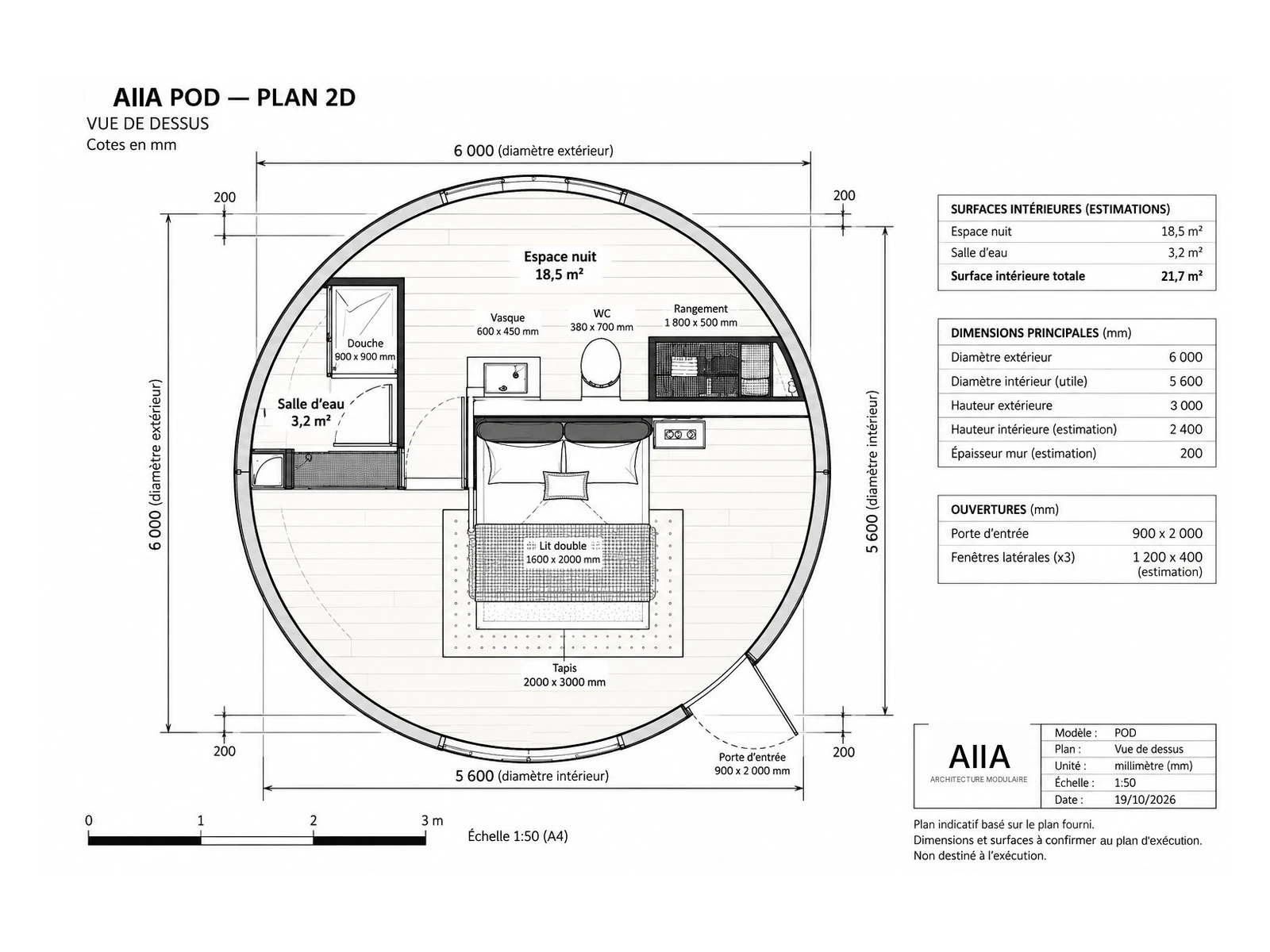 AIIA Pod, 28 m² tiny house: dimensioned 2D plan with floor areas