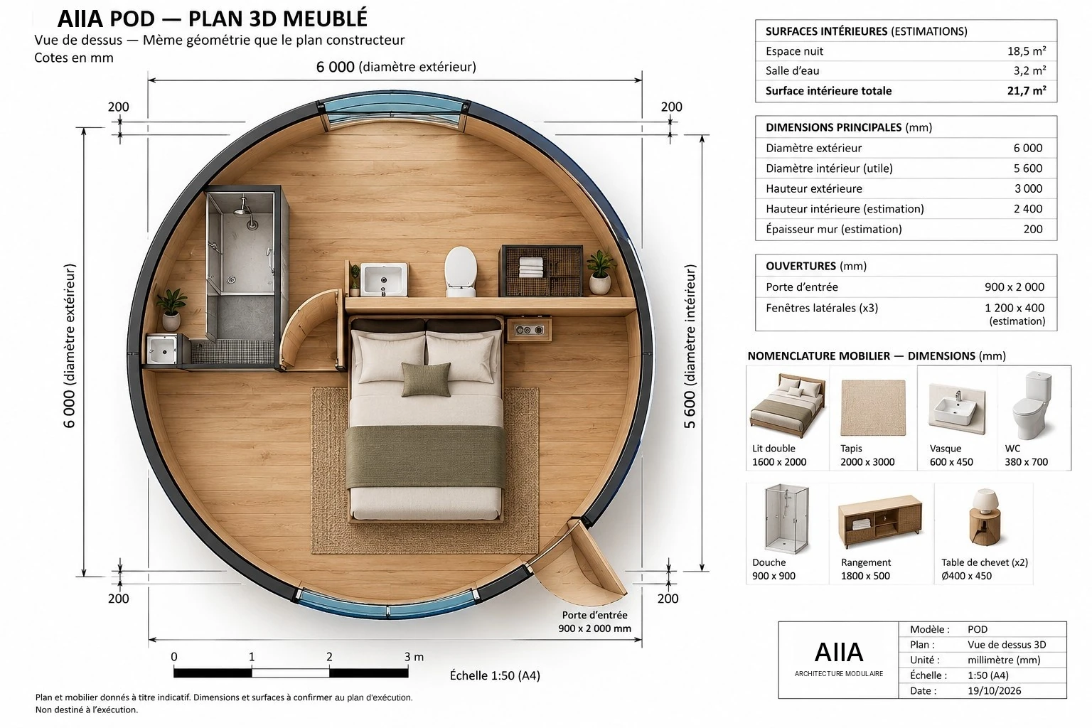 AIIA Pod, tiny house de 28 m² : plan 3D meublé, vue de dessus