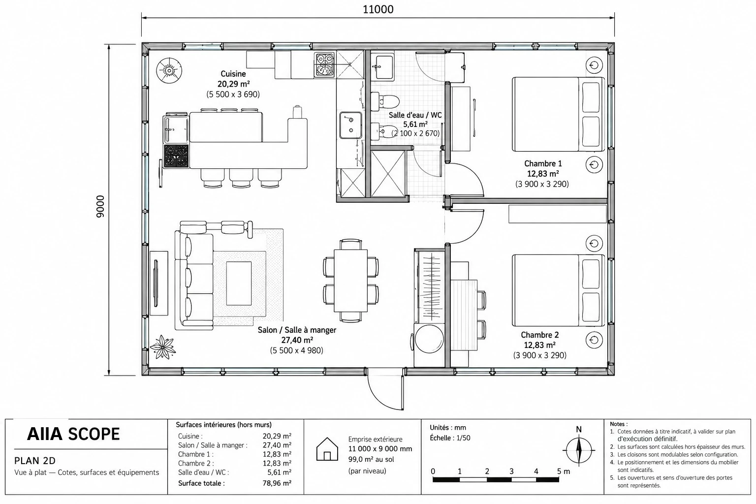AIIA Scope, maison modulaire de 99 m² : plan 2D coté avec les surfaces
