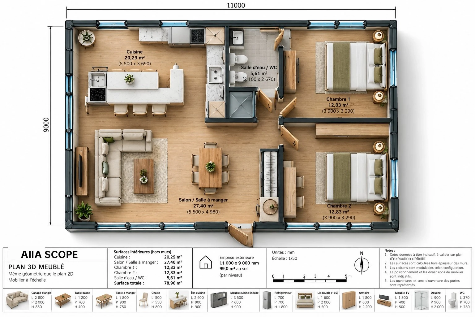 AIIA Scope, maison modulaire de 99 m² : plan 3D meublé, vue de dessus