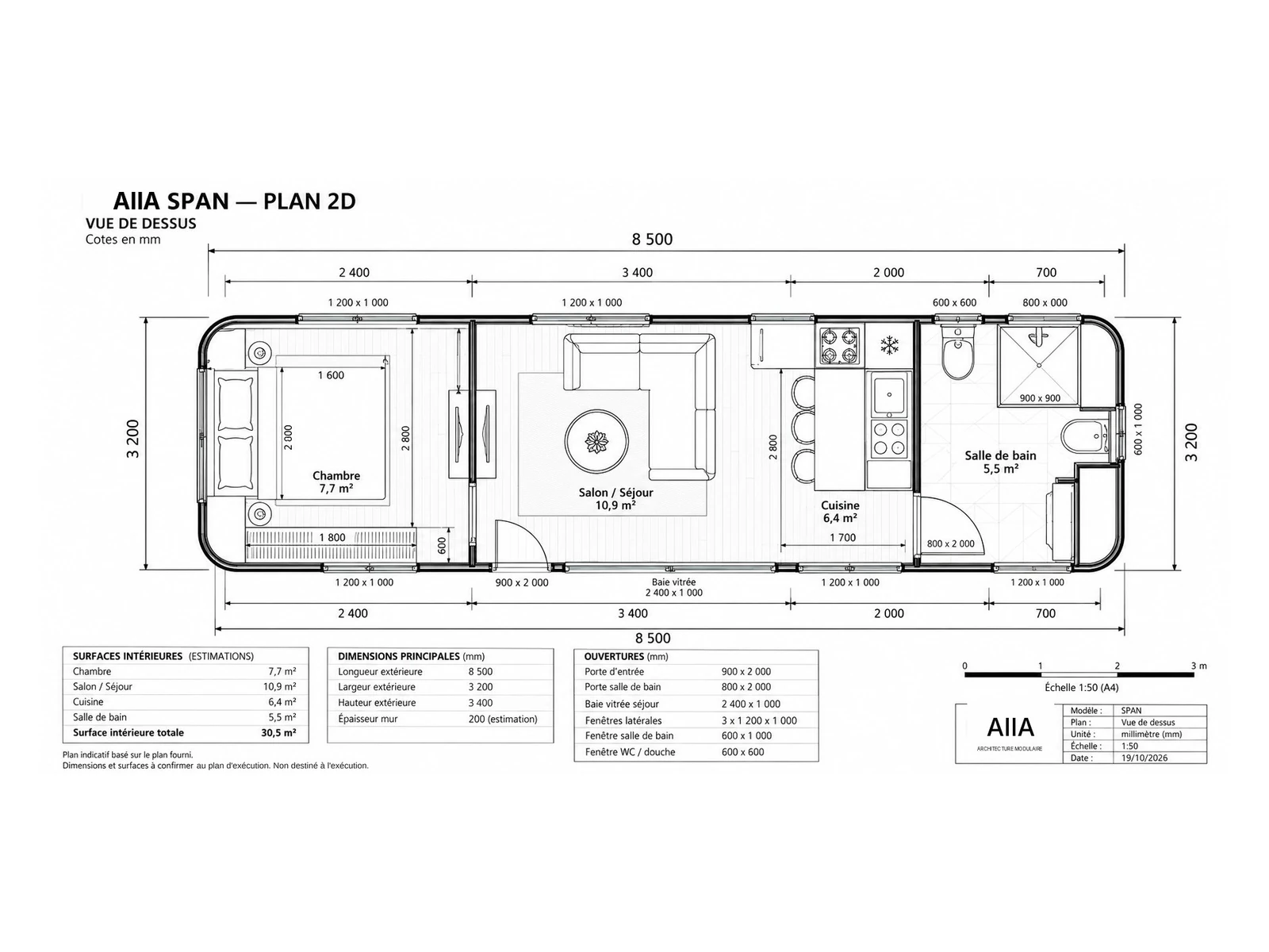 AIIA Span, 27 m² tiny house: dimensioned 2D plan with floor areas
