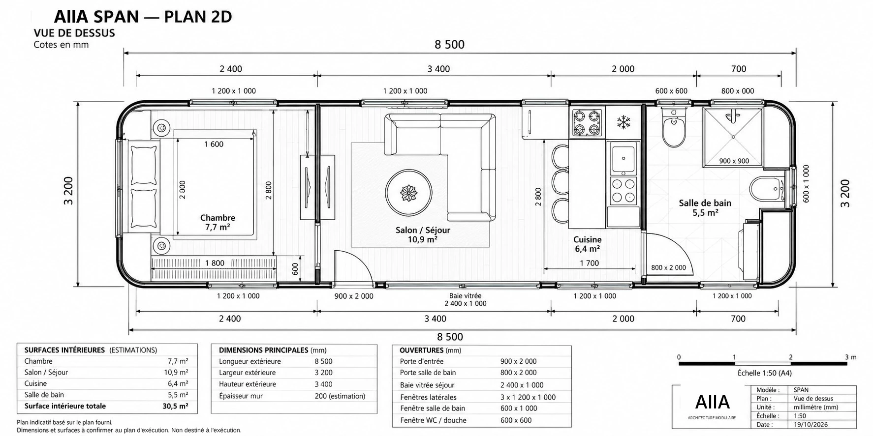 AIIA Span, tiny house de 27 m² : plan 2D coté avec les surfaces