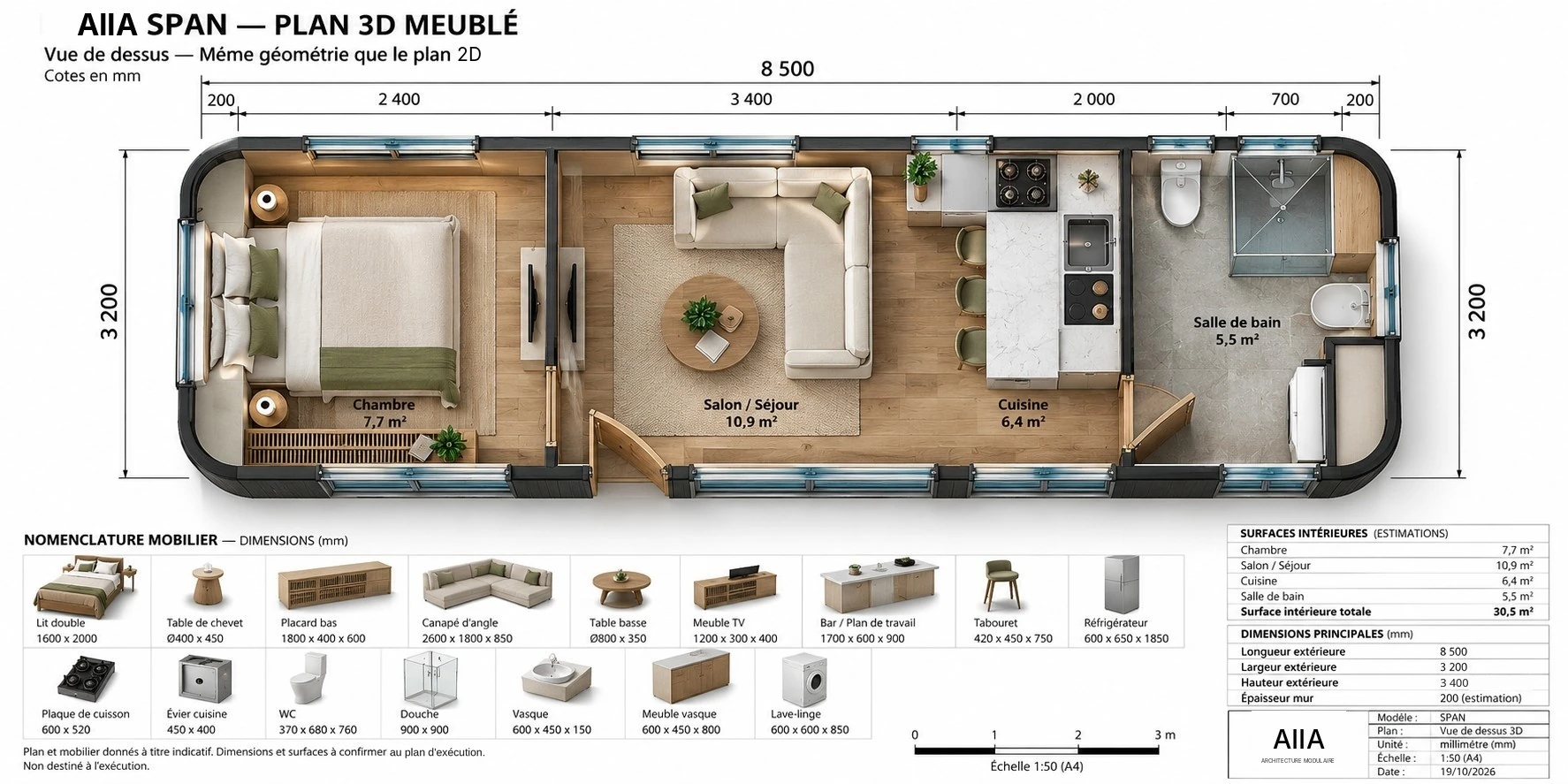 AIIA Span, tiny house de 27 m² : plan 3D meublé, vue de dessus