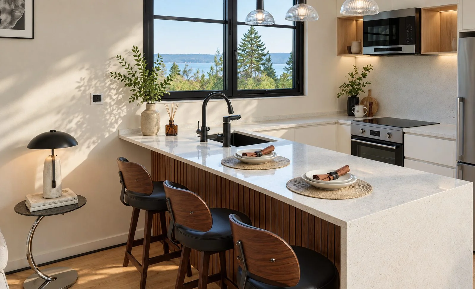 AIIA Vista, 46 m² modular home: fitted kitchen with an island and a large window