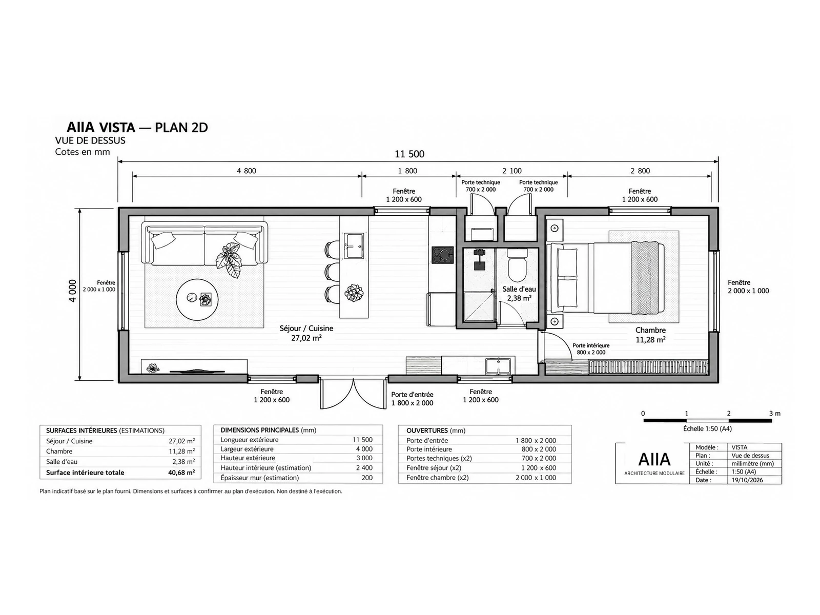 AIIA Vista, 46 m² modular home: dimensioned 2D plan with floor areas