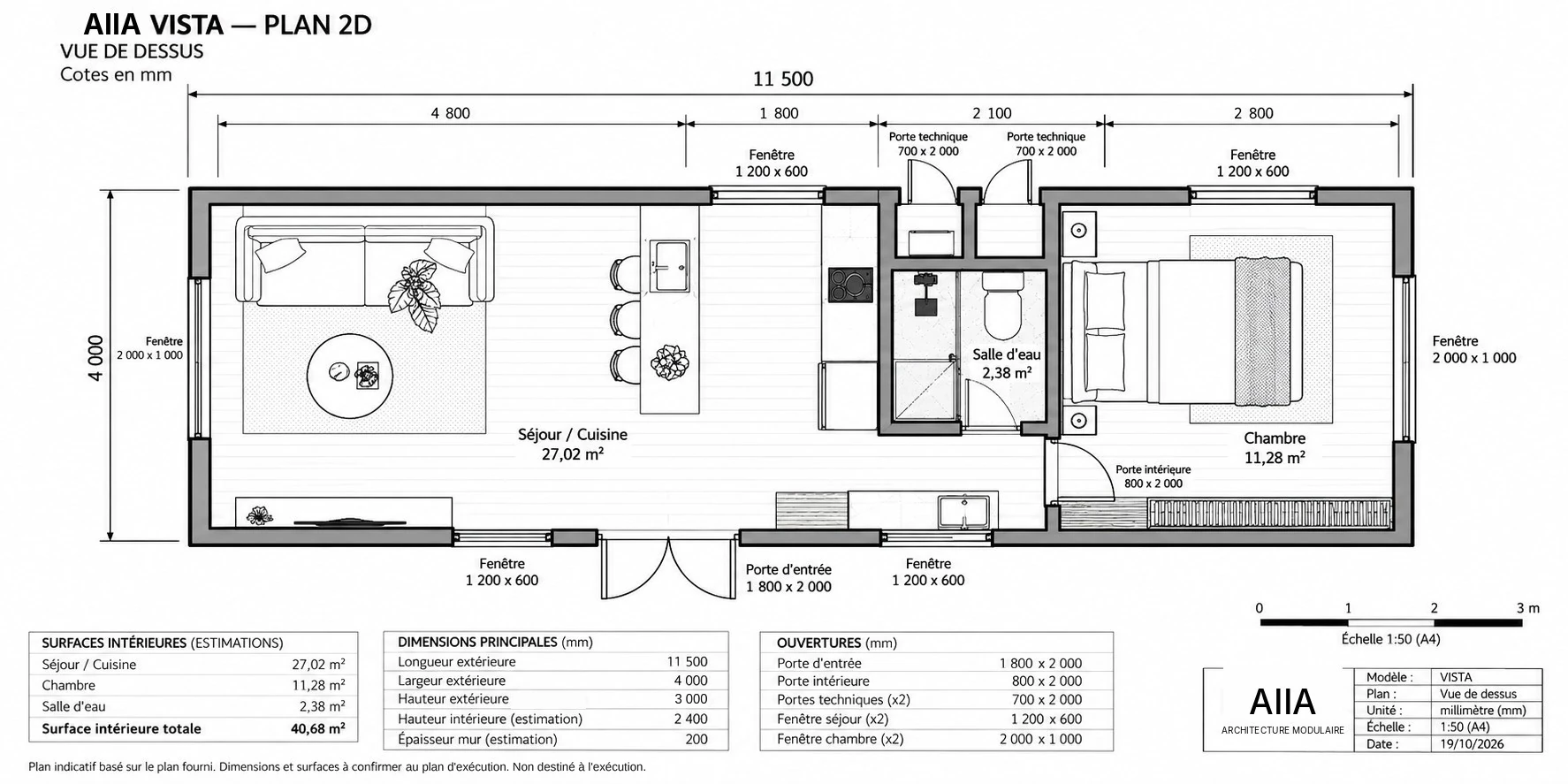 AIIA Vista, 46 m² modular home: dimensioned 2D plan with floor areas