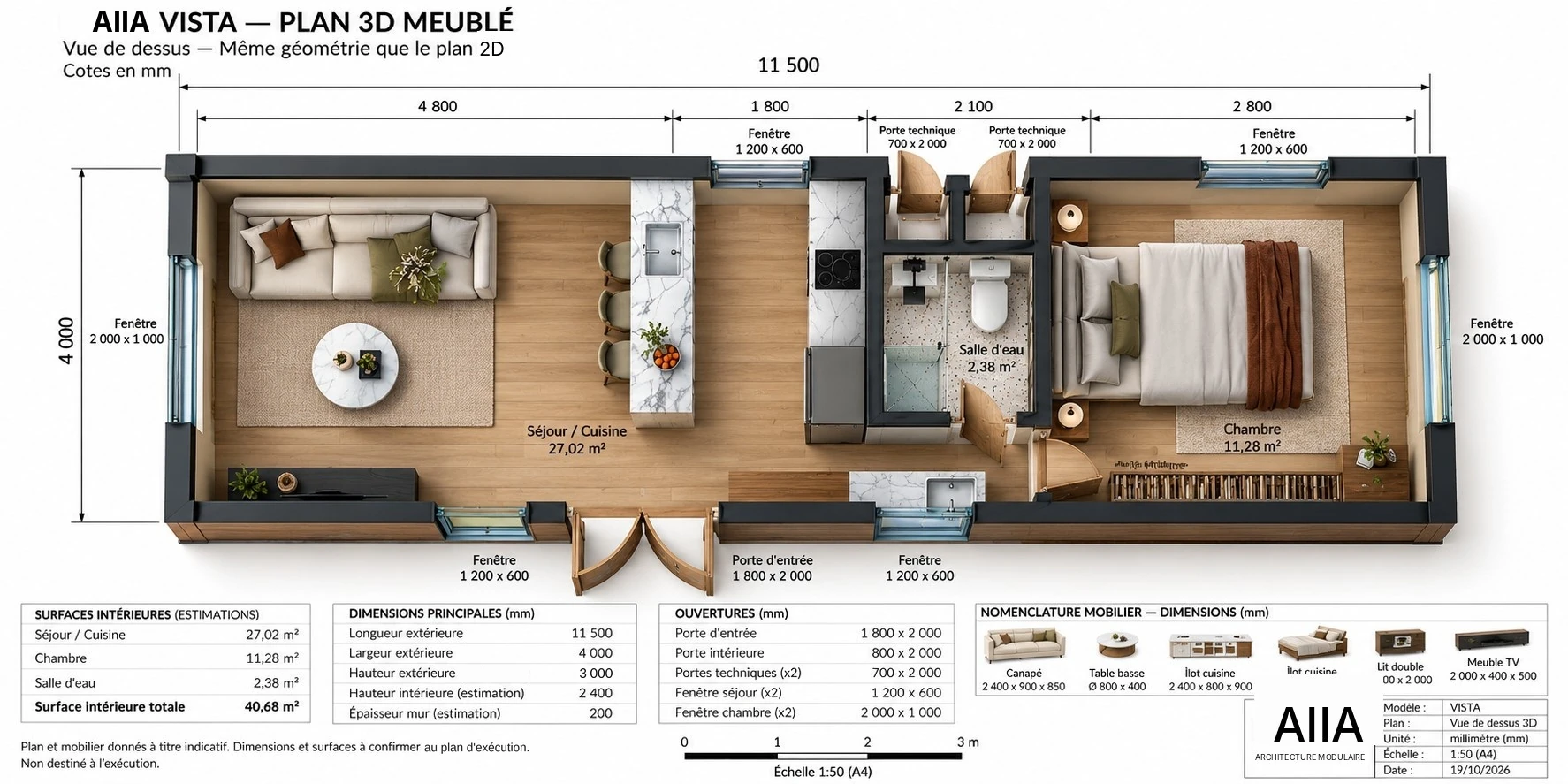 AIIA Vista, 46 m² modular home: furnished 3D plan, top view