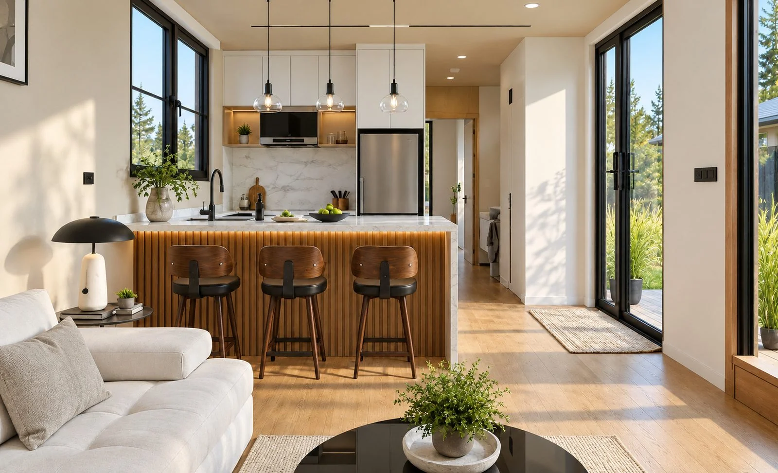 AIIA Vista, 46 m² modular home: living room and open kitchen with wood and white finishes